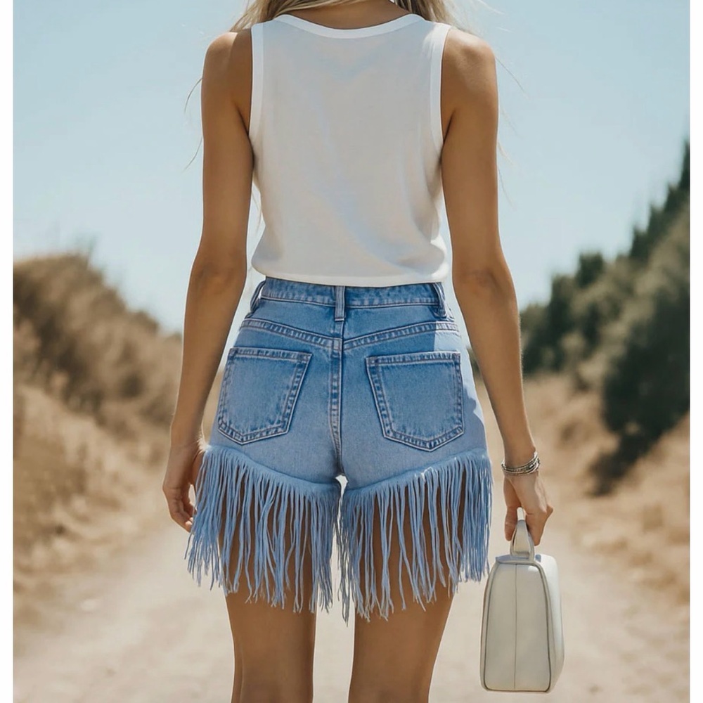 Fringed Light Blue Denim Jean Shorts for Women - Picture 2 of 6